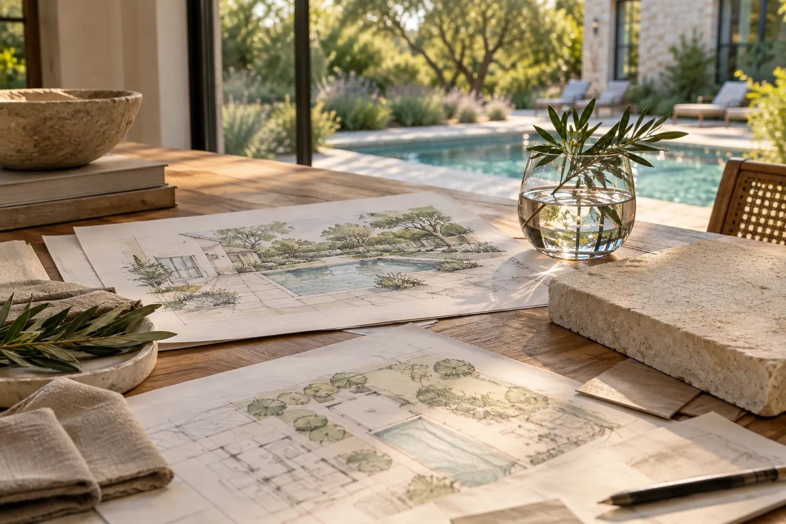 Pool and home planning studies with water and material references; illustrative design concept, not a completed project