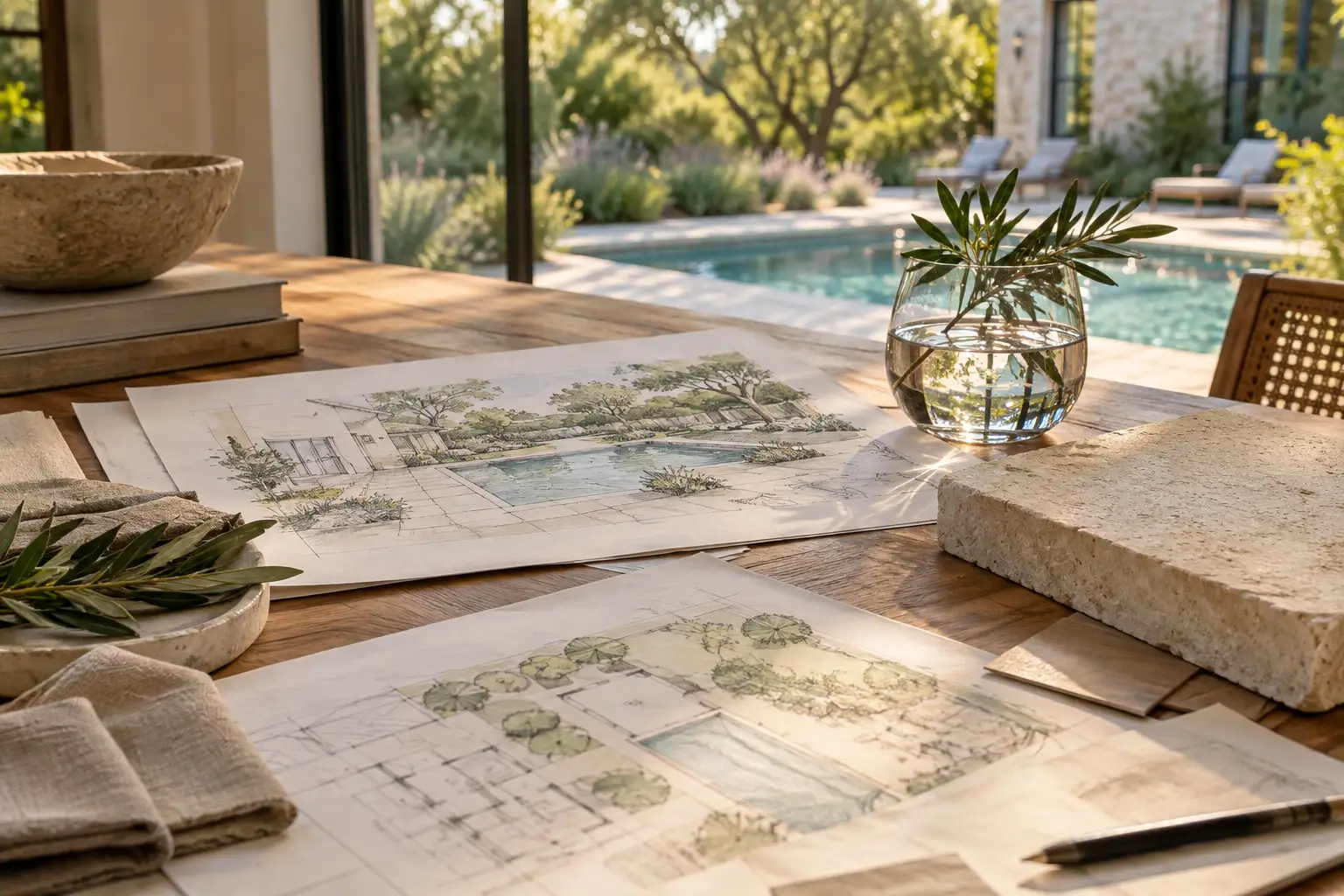 Pool and home planning studies with water and material references; illustrative design concept, not a completed project