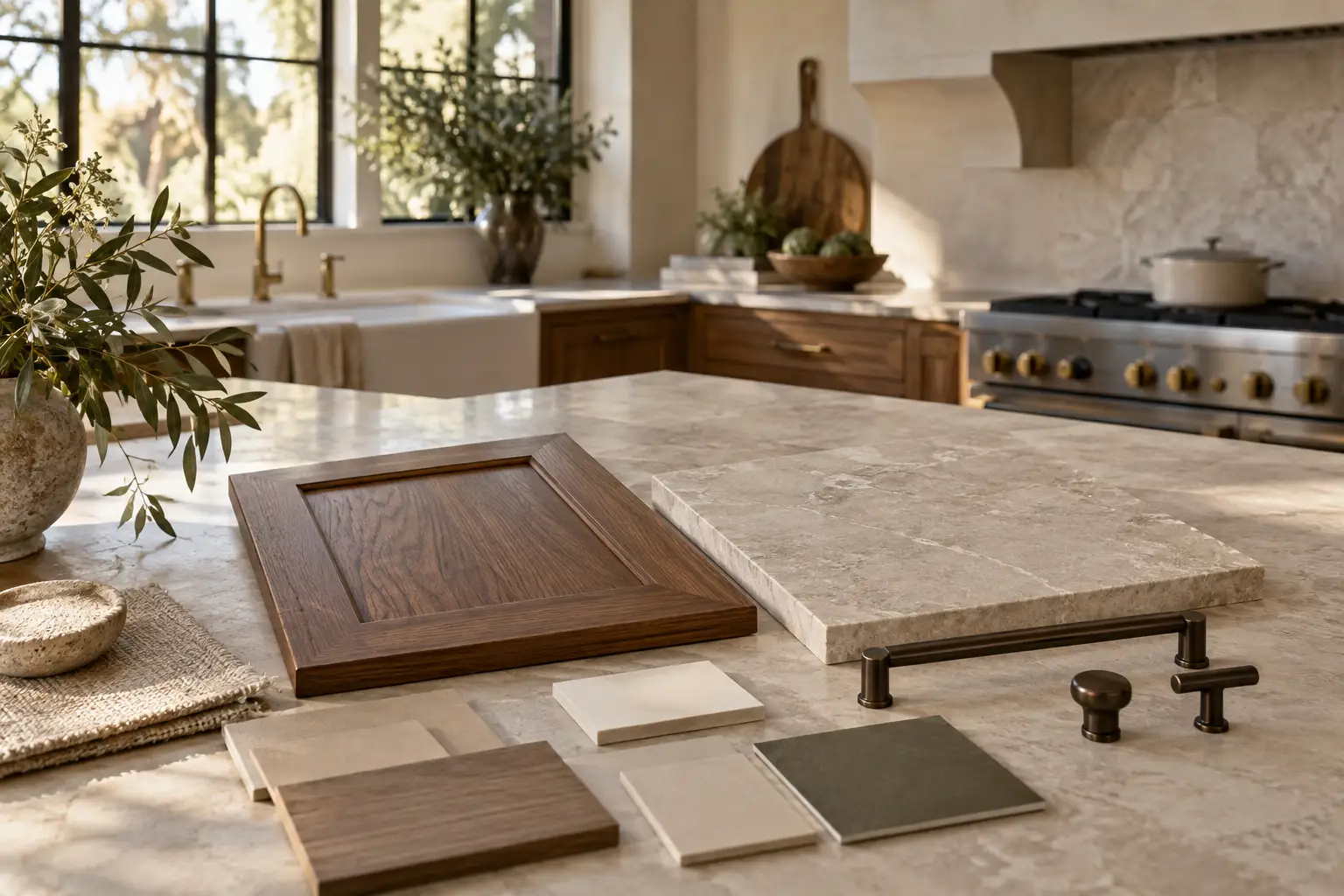 Kitchen material selections in walnut and stone on a design table; illustrative design concept, not a completed project