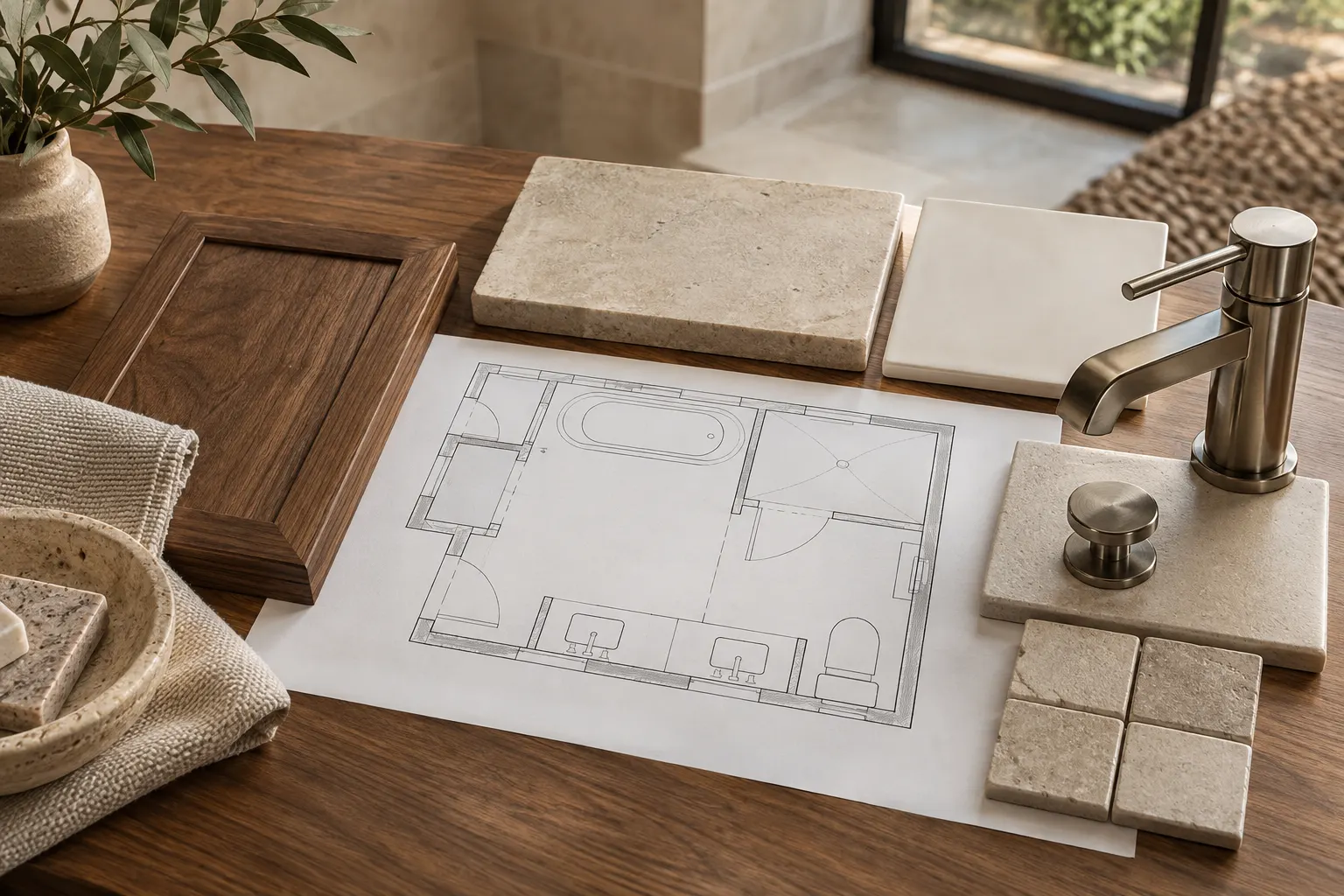 Bathroom layout drawing alongside finish samples; illustrative design concept, not a completed project