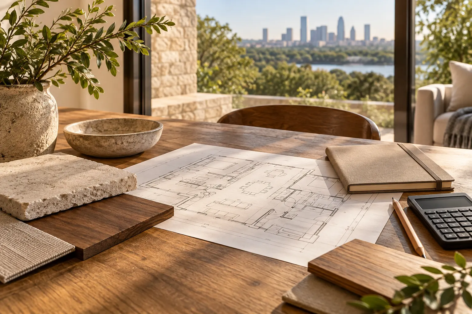 Architectural plans and an unmarked budgeting notebook; illustrative design concept, not a completed project