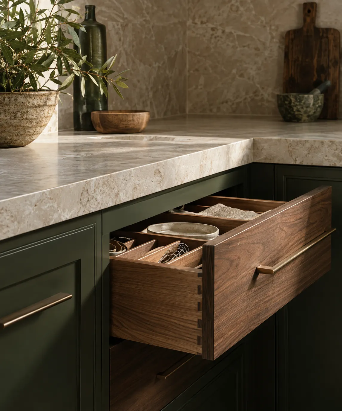 Walnut kitchen storage drawer and honed limestone counter junction; illustrative design concept, not a completed project