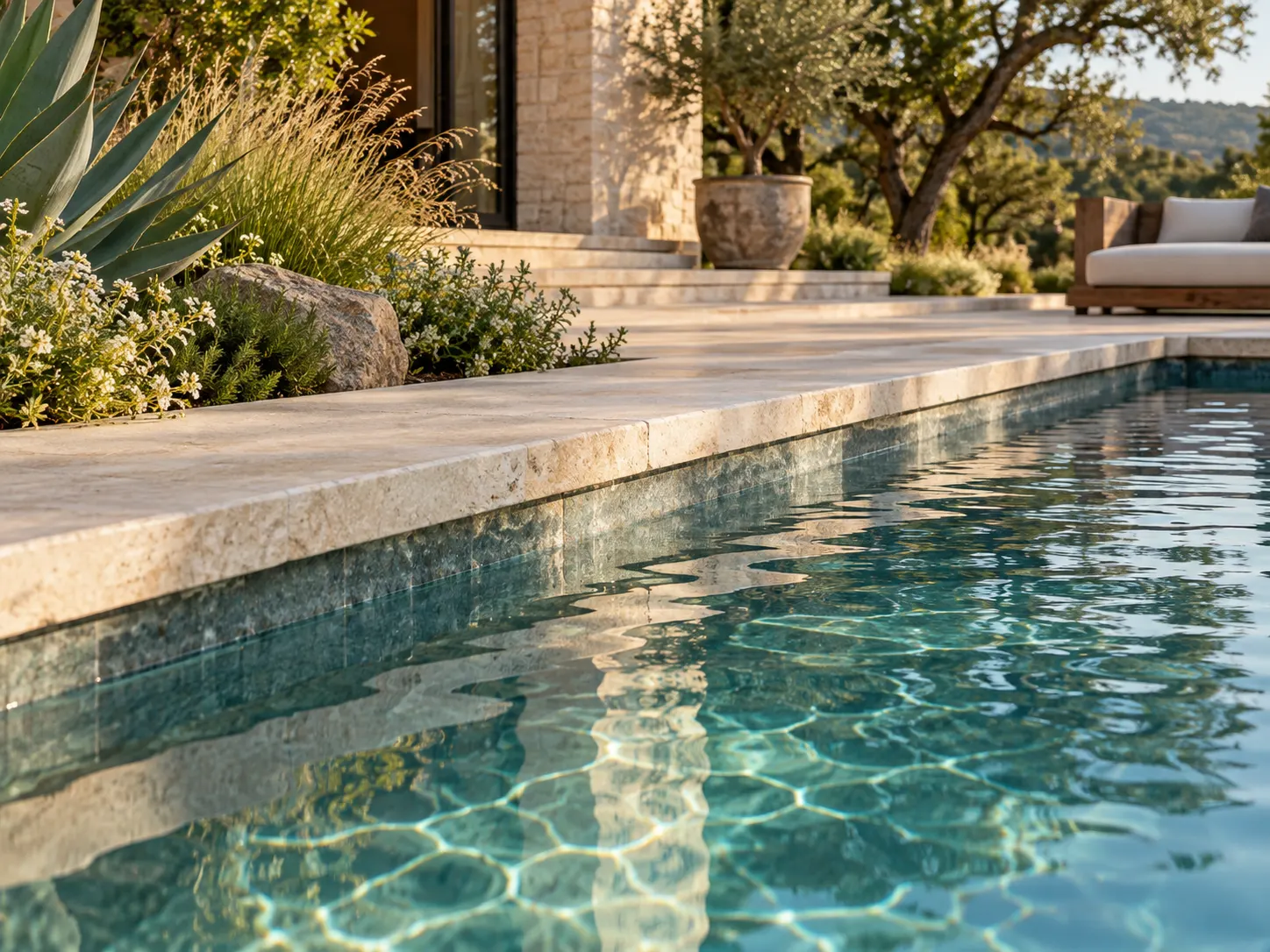 Pool coping, waterline and planting in a residential landscape; illustrative design concept, not a completed project