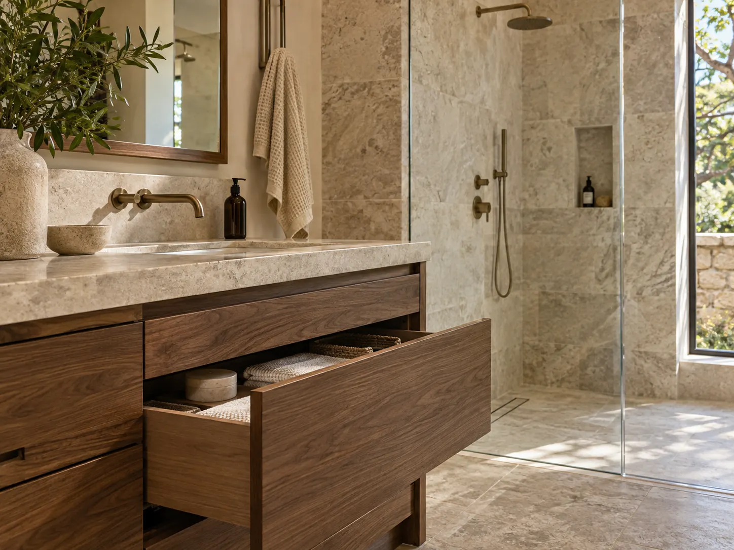 Bathroom storage and shower finish material study; illustrative design concept, not a completed project