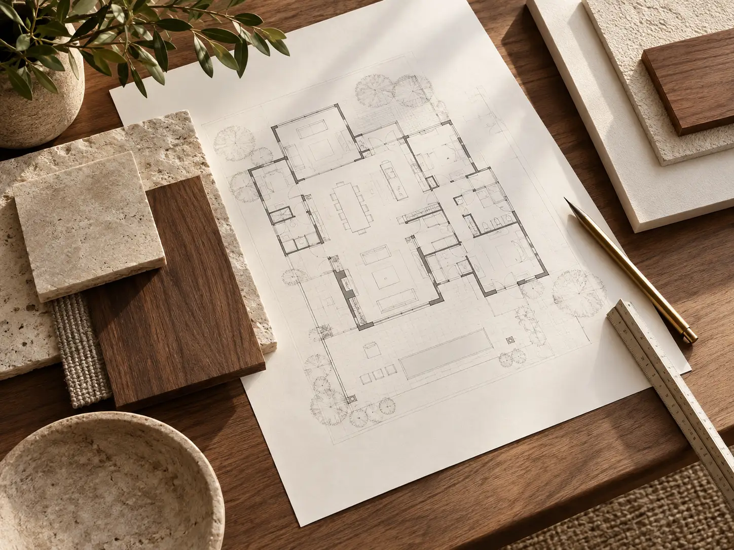 Architectural plan and physical material samples on a worktable; illustrative design concept, not a completed project