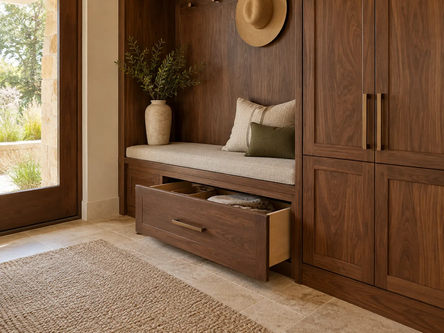 Compact built-in storage with considered cabinet hardware; illustrative design concept, not a completed project