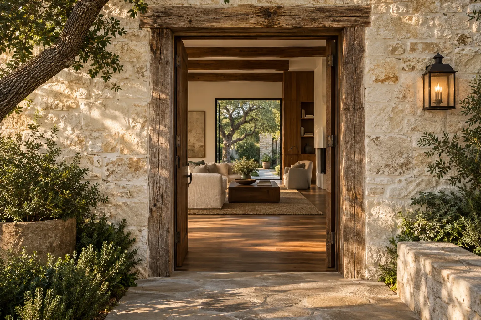 Preserved limestone and timber at the threshold of a warm contemporary living room