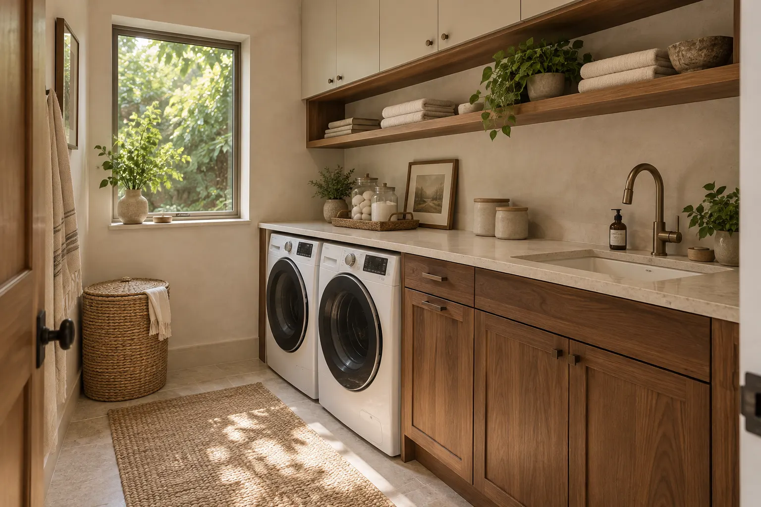 Compact laundry room with walnut cabinetry, washer, dryer and sink