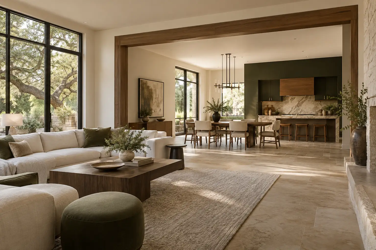 Connected living, dining and kitchen spaces with limestone and walnut finishes; illustrative design concept, not a completed project