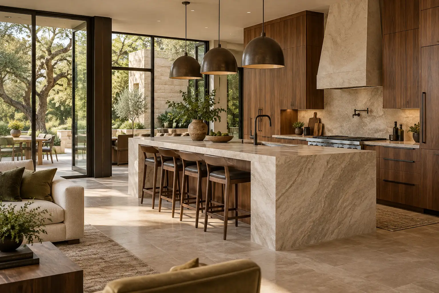 Walnut and limestone kitchen with a full island and garden glazing; illustrative design concept, not a completed project