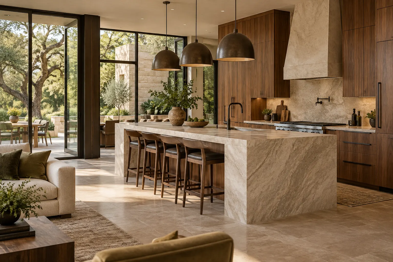 Walnut and limestone kitchen with a full island and garden glazing