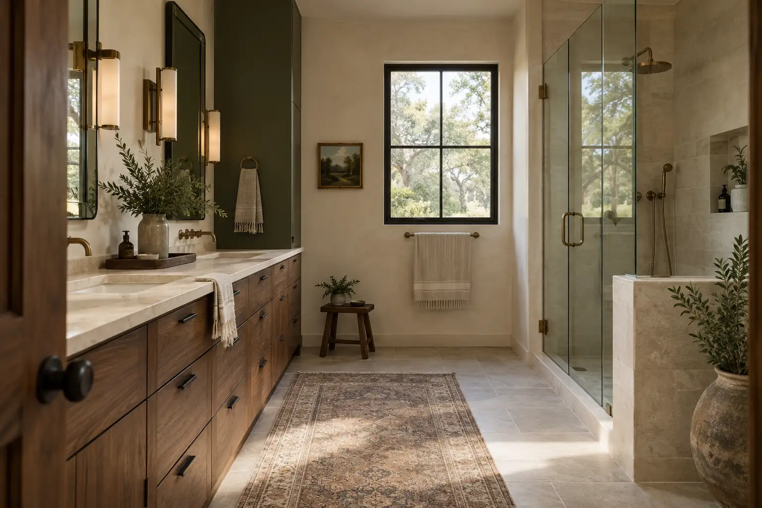 Bathroom doorway view showing a storage vanity, shower and daylight; illustrative design concept, not a completed project