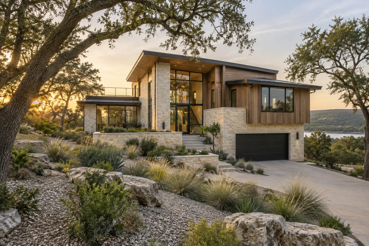Contemporary limestone and timber home set among live oaks; illustrative design concept, not a completed project