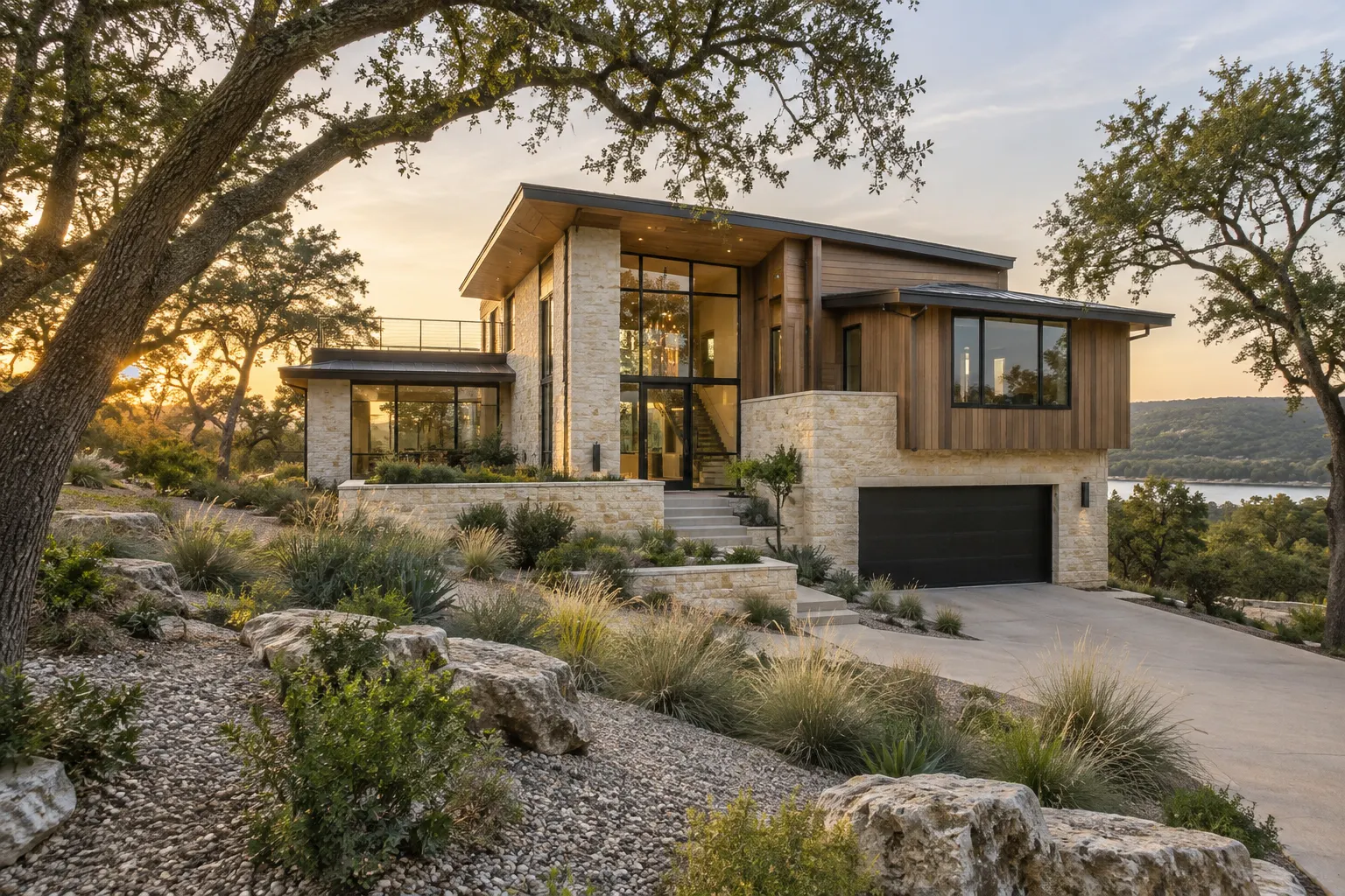 Contemporary limestone and timber home set among live oaks
