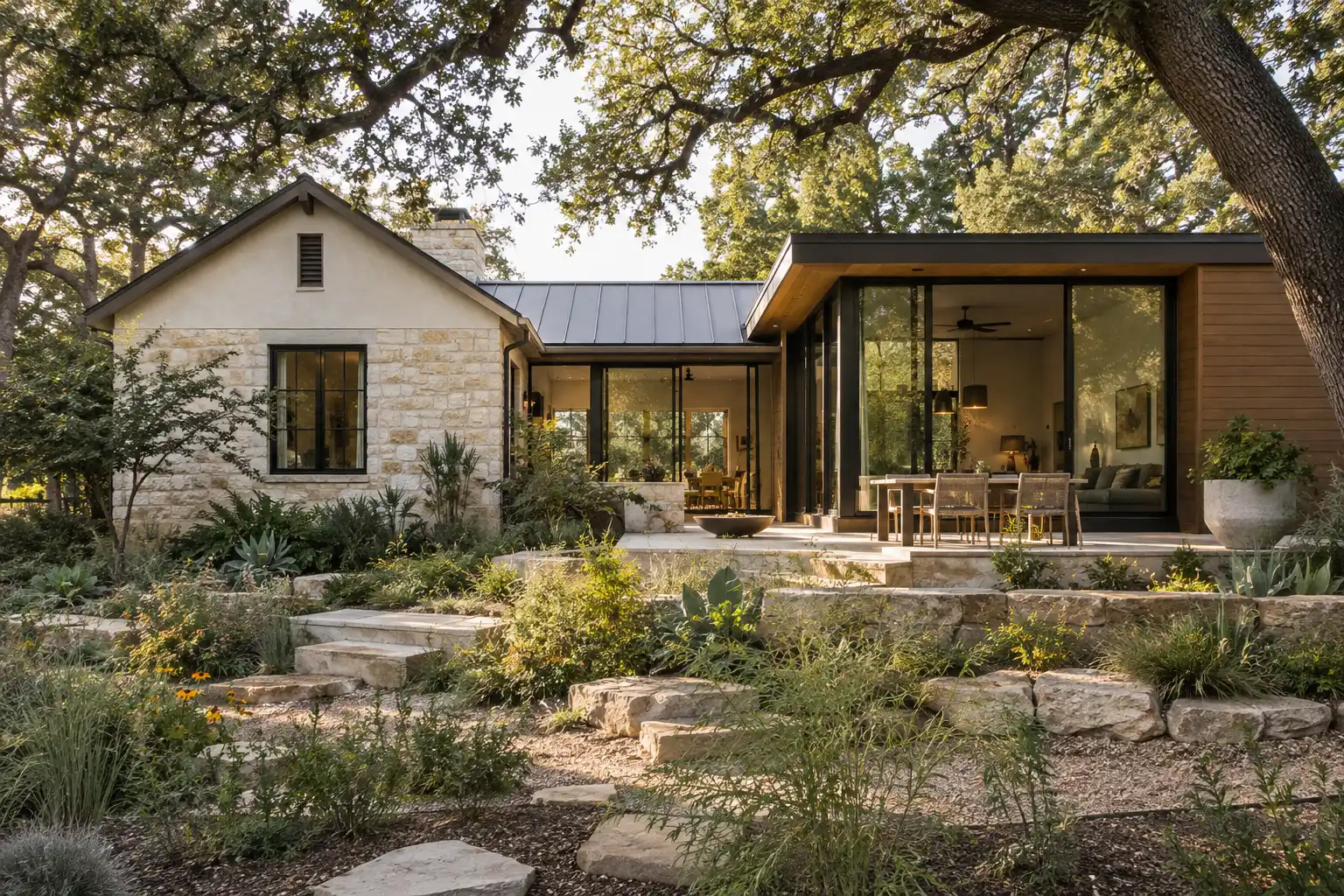 Older limestone home and integrated contemporary addition across a courtyard; illustrative design concept, not a completed project
