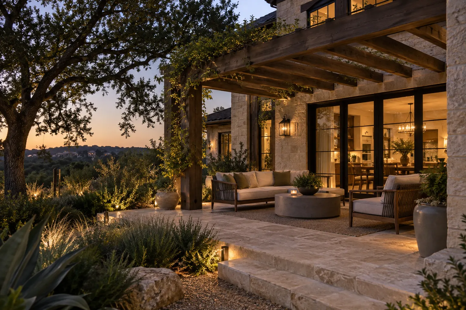 Shaded outdoor living terrace connected to a residential home at dusk
