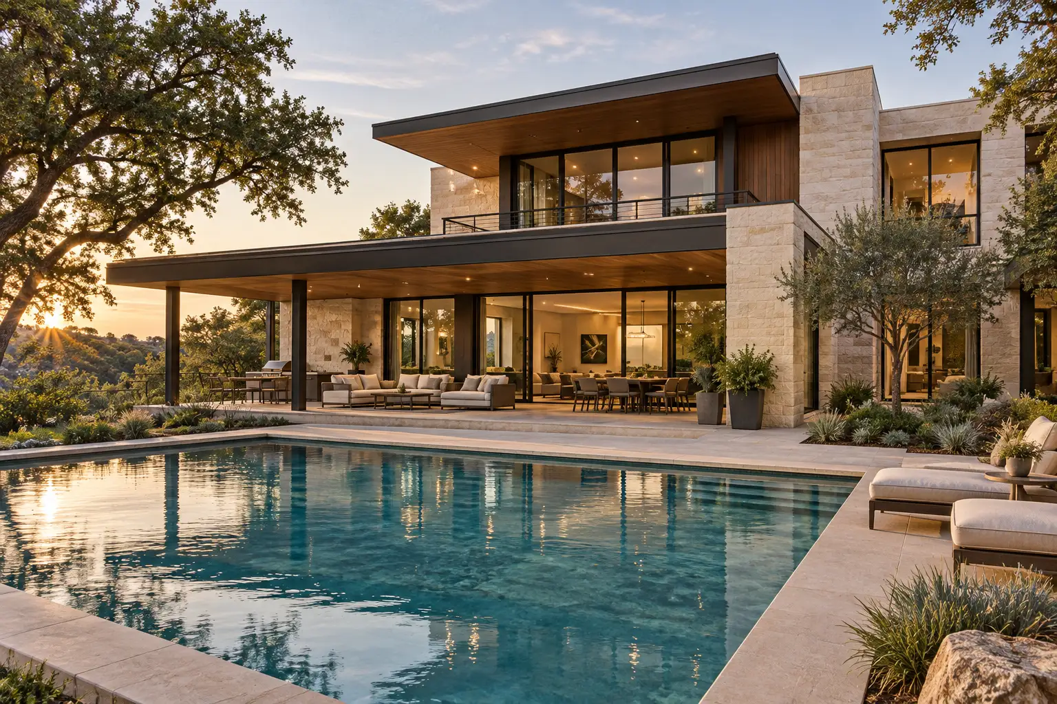 Residential pool, landscape and house viewed together in afternoon light; illustrative design concept, not a completed project