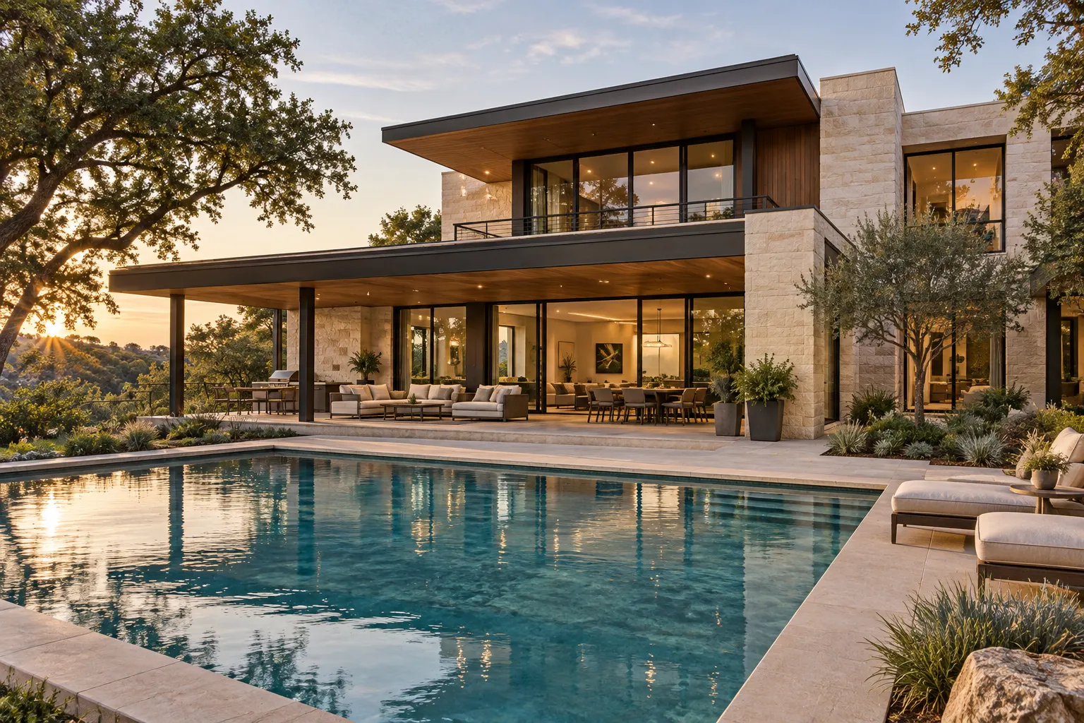 Residential pool, planting and house viewed together in afternoon light