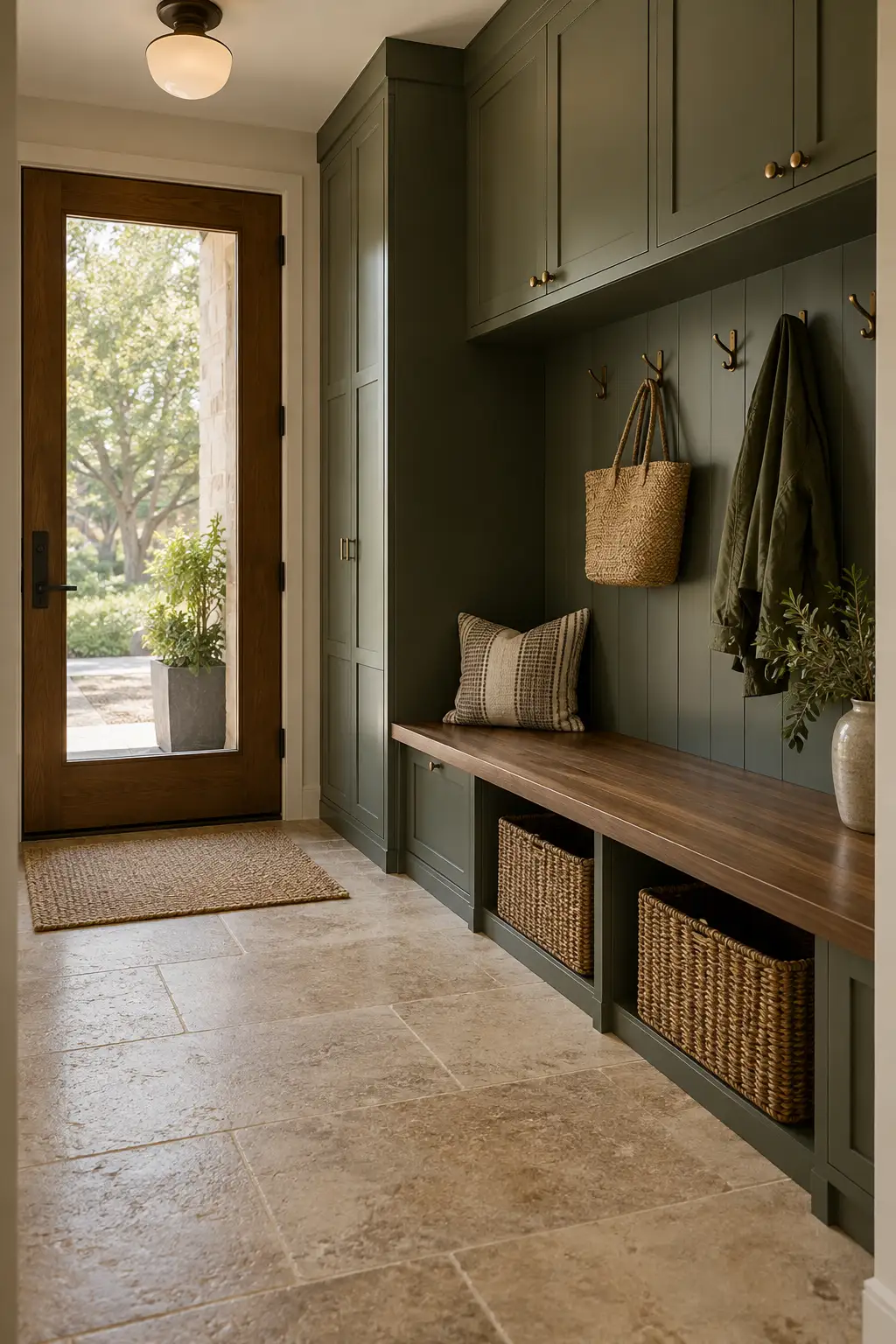 Compact entry storage improvement with walnut bench and practical cabinetry; illustrative design concept, not a completed project