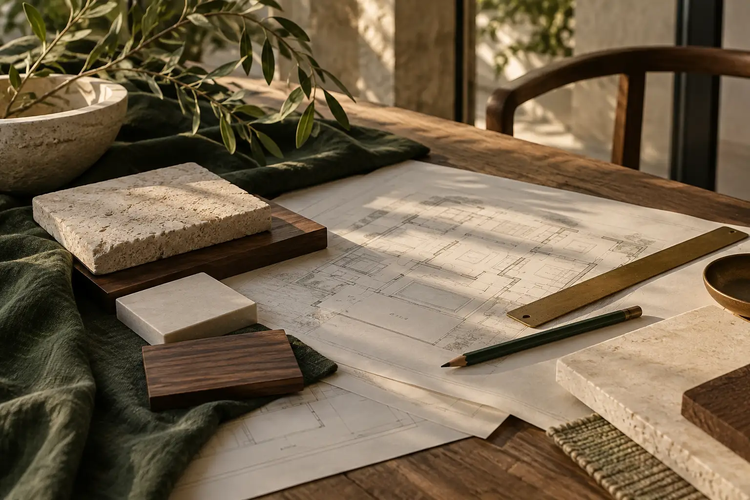 Editorial stack of plans, materials and pencil in warm light; illustrative design concept, not a completed project
