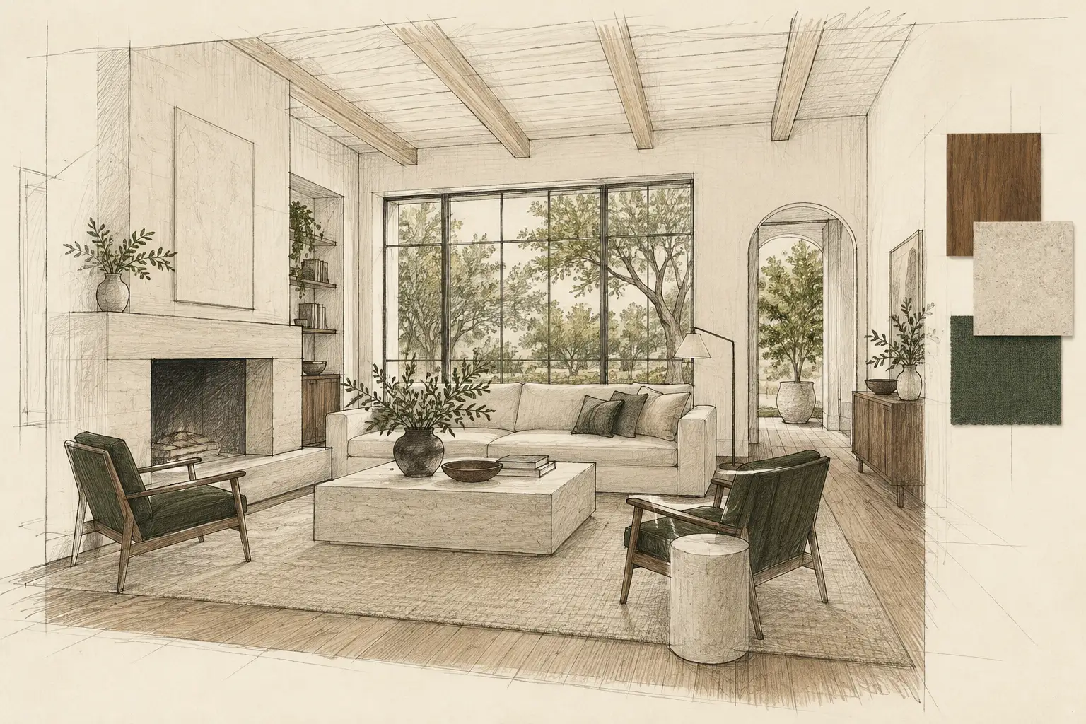 Architectural line study of residential space; illustrative design concept, not a completed project