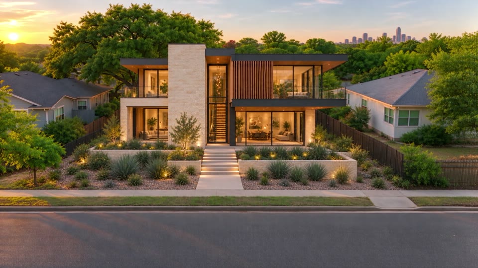 Illustrative finished contemporary home from the film, with limestone and broad glazing